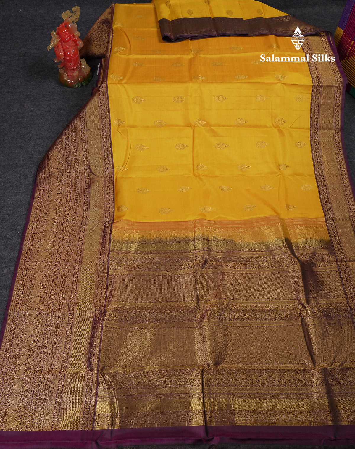 Beautiful Yellow Pure Kanjivaram Silk Saree With Contrast Dark Purple Traditional Evening Morning Border