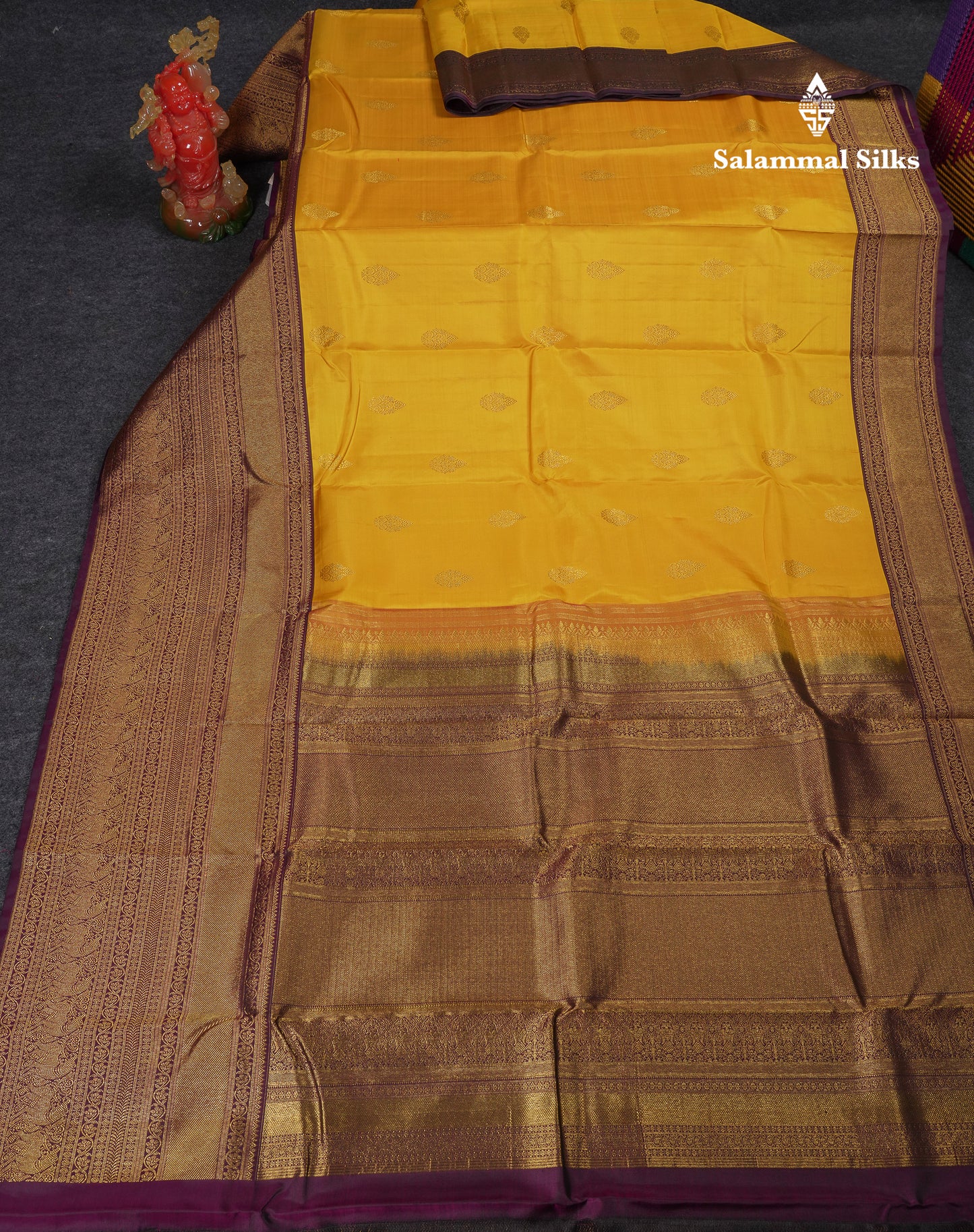 Beautiful Yellow Pure Kanjivaram Silk Saree With Contrast Dark Purple Traditional Evening Morning Border