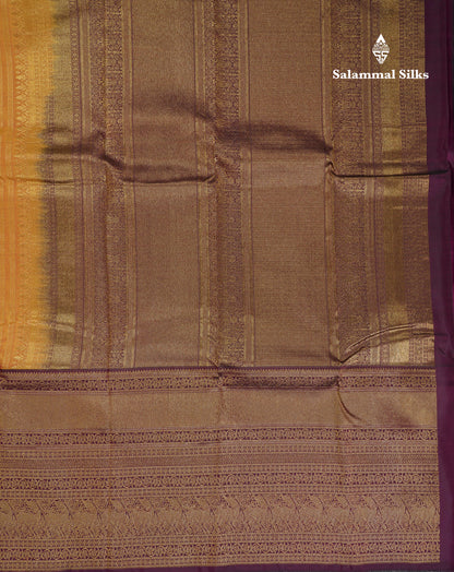 Beautiful Yellow Pure Kanjivaram Silk Saree With Contrast Dark Purple Traditional Evening Morning Border