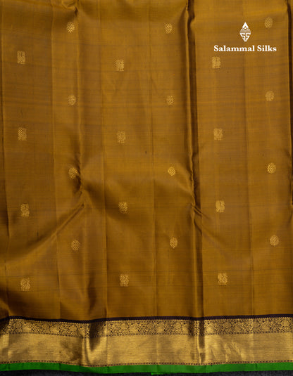 Olive Mustard Yellow Pure Kanjivaram Silk Saree With Contrast Dark Brown Small Border