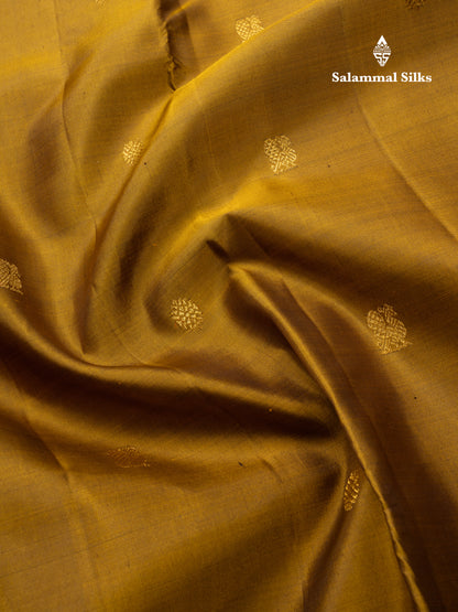 Olive Mustard Yellow Pure Kanjivaram Silk Saree With Contrast Dark Brown Small Border