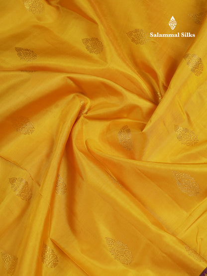 Beautiful Yellow Pure Kanjivaram Silk Saree With Contrast Dark Purple Traditional Evening Morning Border
