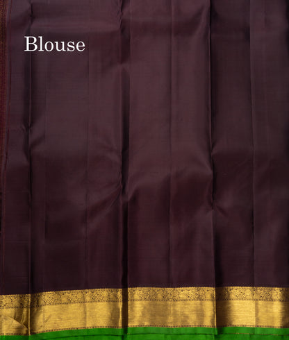 Olive Mustard Yellow Pure Kanjivaram Silk Saree With Contrast Dark Brown Small Border