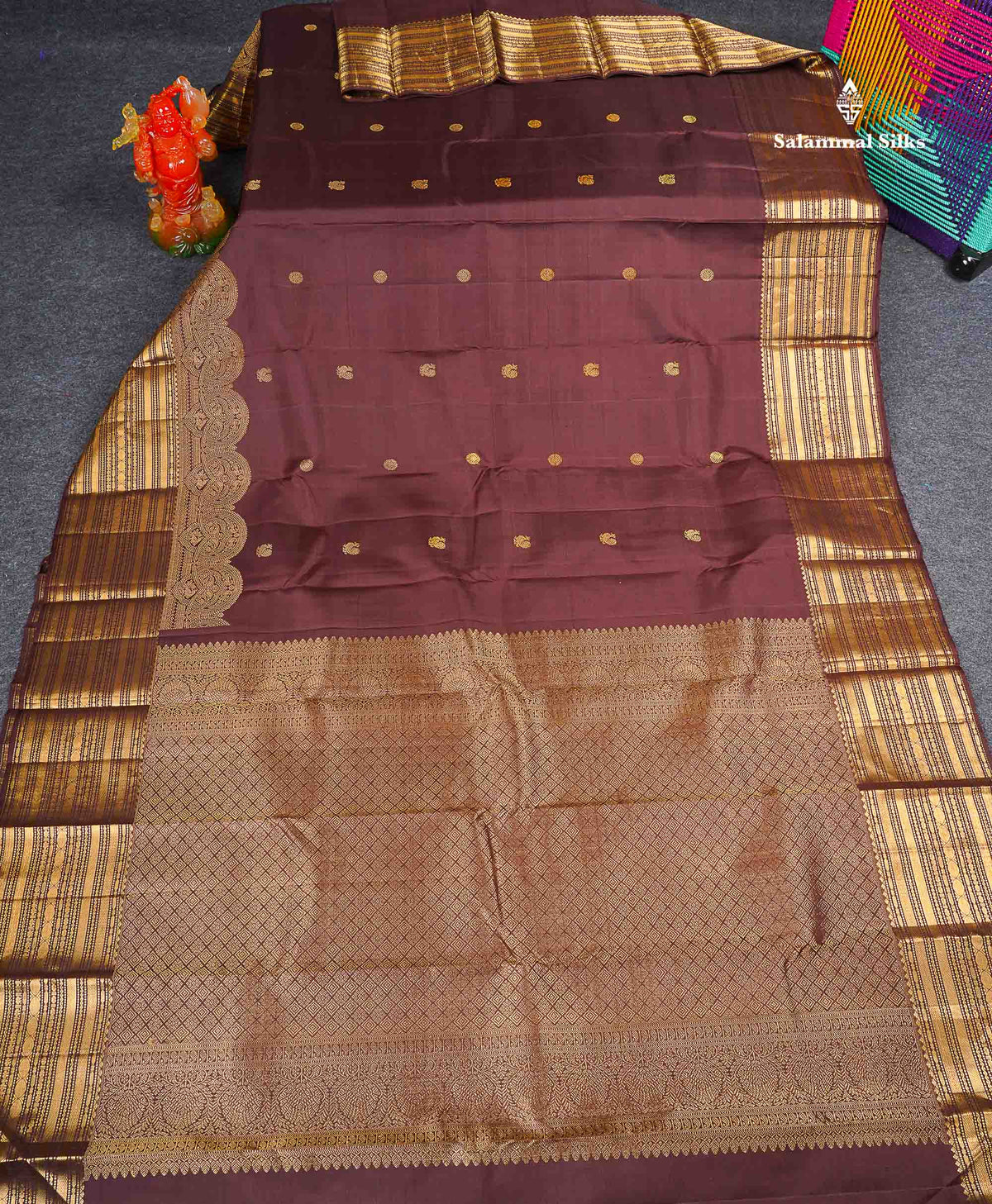Pure Kanjivaram Silk Saree - Dark Brown Colour Body With Zari Butta & Traditional Border