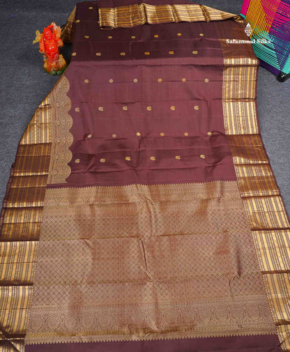 Pure Kanjivaram Silk Saree - Dark Brown Colour Body With Zari Butta & Traditional Border