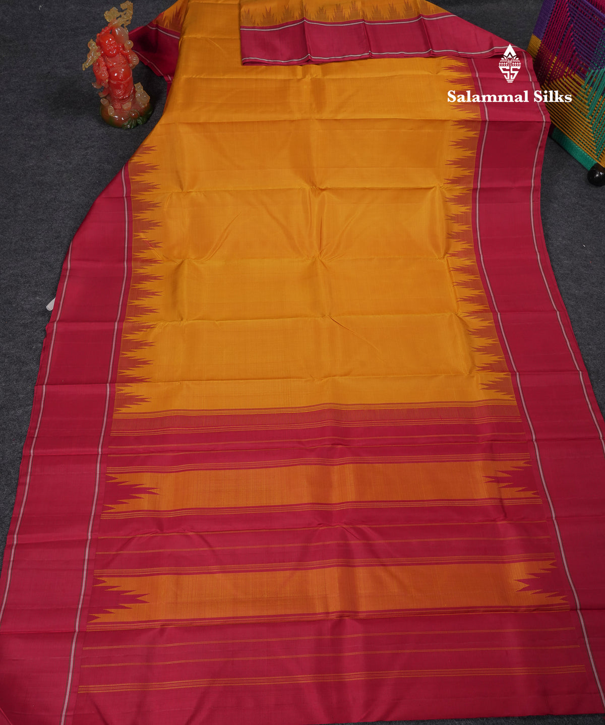 Beautiful Mustard Yellow Pure Kanjivaram Silk Saree With Contrast Maroon Double & Temple Border