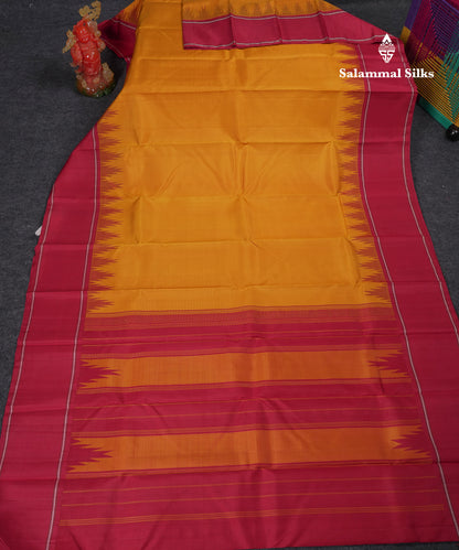 Beautiful Mustard Yellow Pure Kanjivaram Silk Saree With Contrast Maroon Double & Temple Border