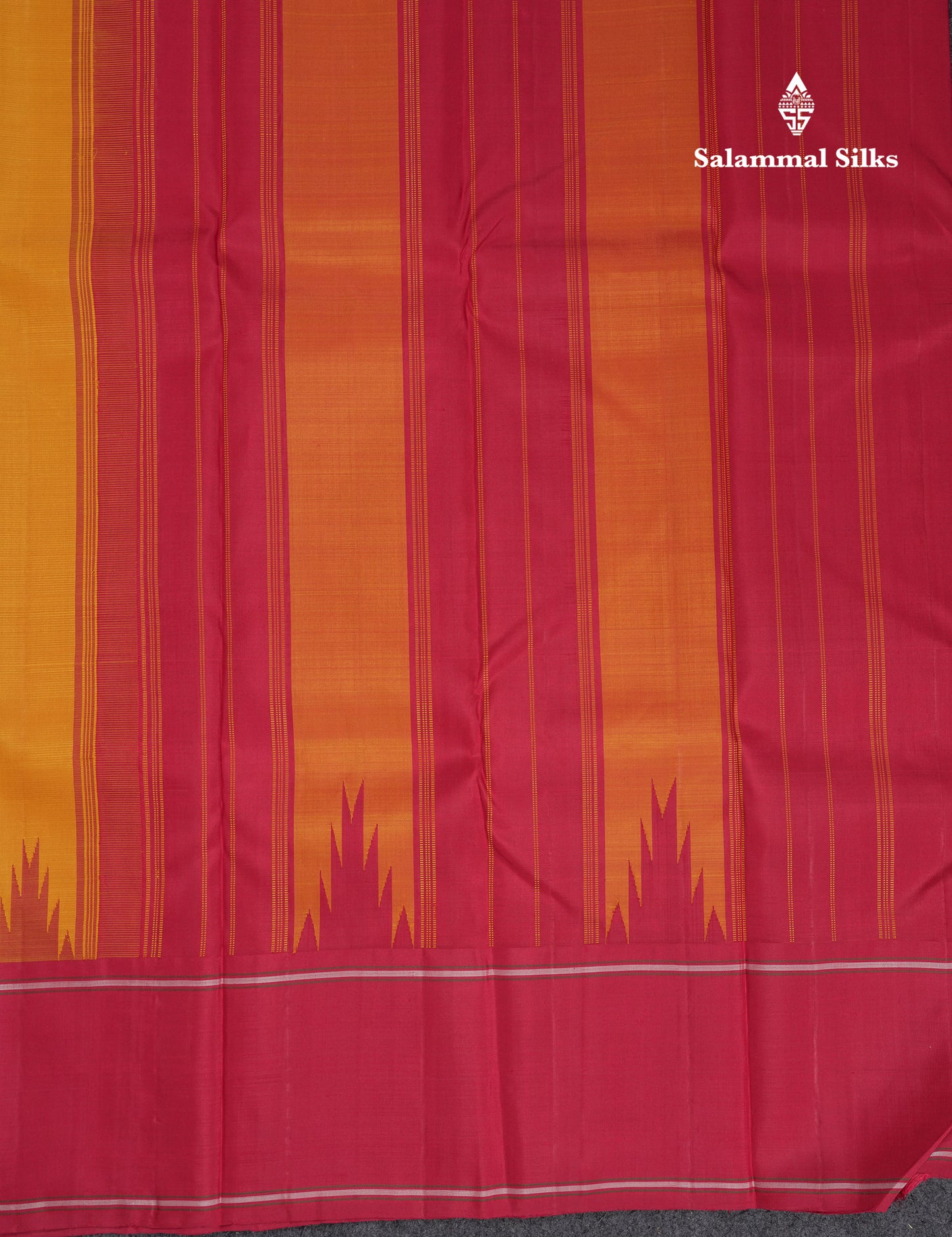 Beautiful Mustard Yellow Pure Kanjivaram Silk Saree With Contrast Maroon Double & Temple Border