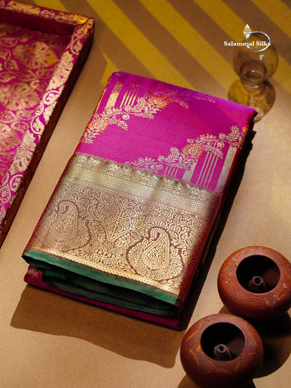 Beautiful Dual Tone Peacock Blue Semi Silk Saree With Contrast Red Traditional Evening Morning Border