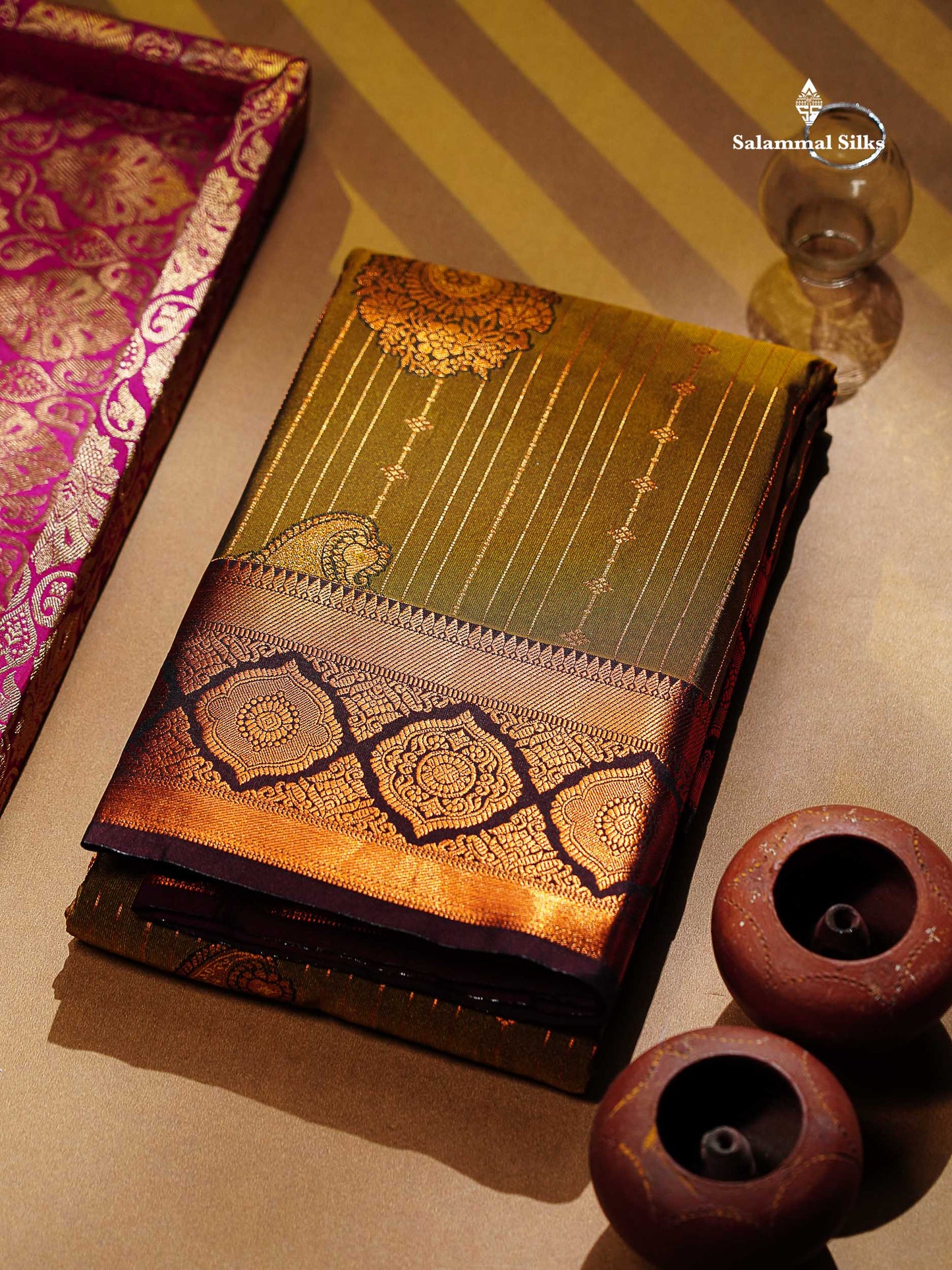 Beautiful Dual Tone Onion Pink Vertical Zari Line With Butta Semi Silk Saree With Contrast Light Blue Blouse