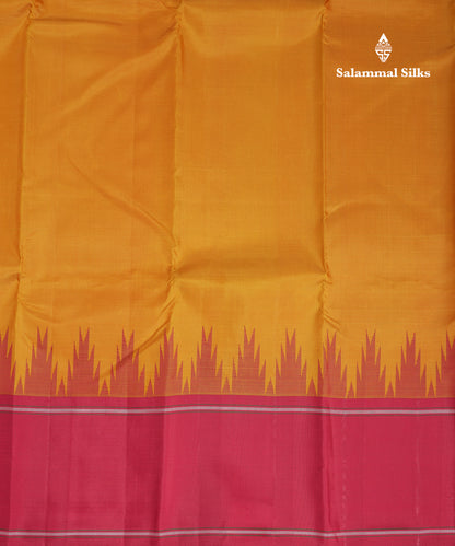Beautiful Mustard Yellow Pure Kanjivaram Silk Saree With Contrast Maroon Double & Temple Border