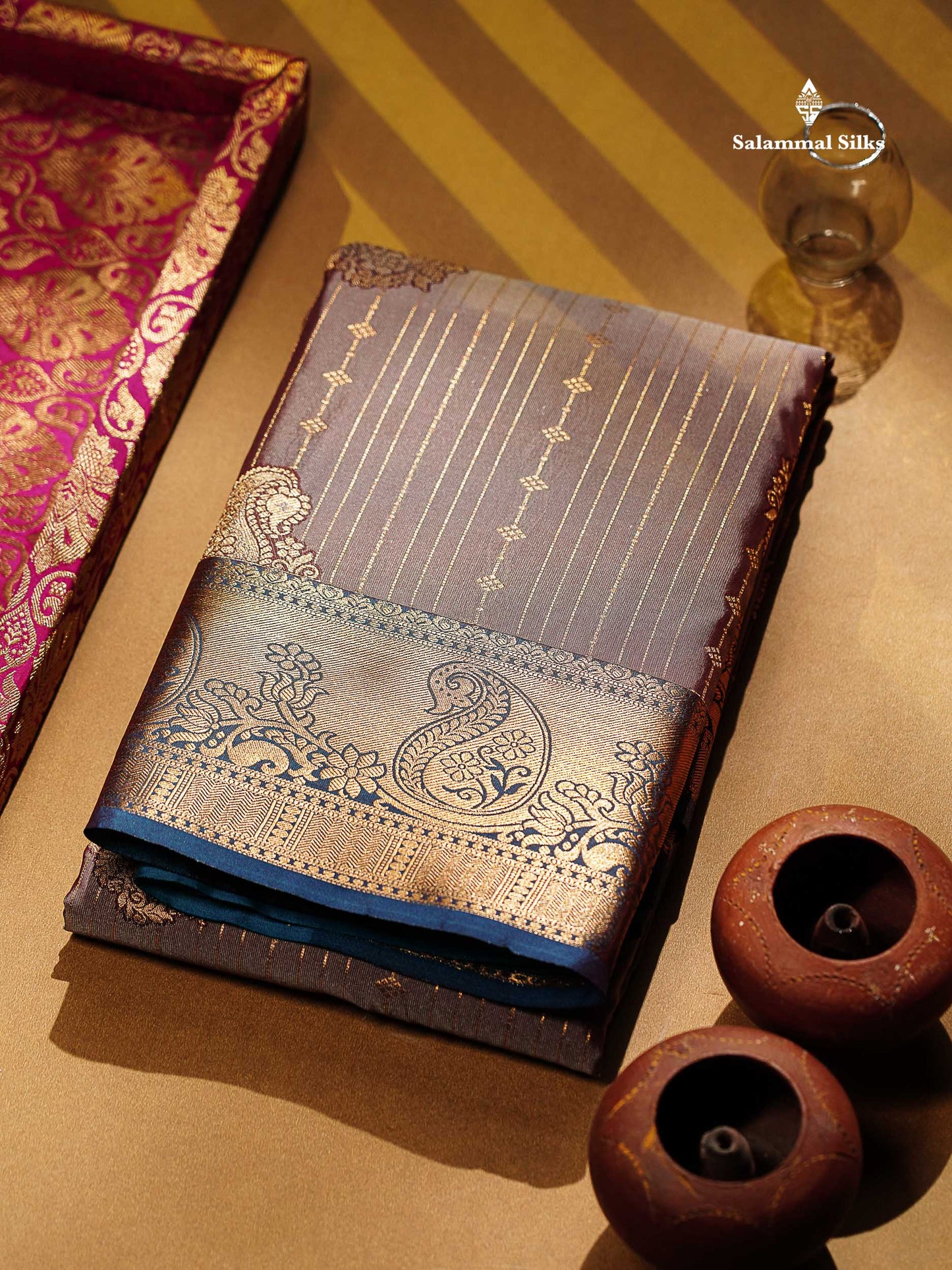Beautiful Dual Tone Onion Pink Vertical Zari Line With Butta Semi Silk Saree With Contrast Light Blue Blouse