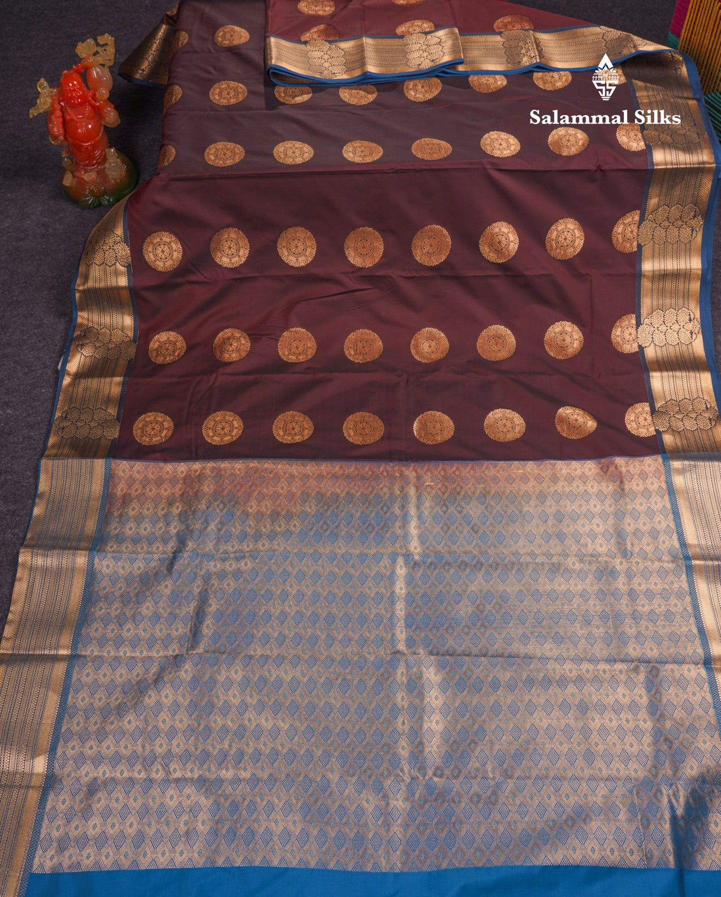 Beautiful Rust Orange Traditional Buttas Semi Silk Saree With Dark Maroon Border