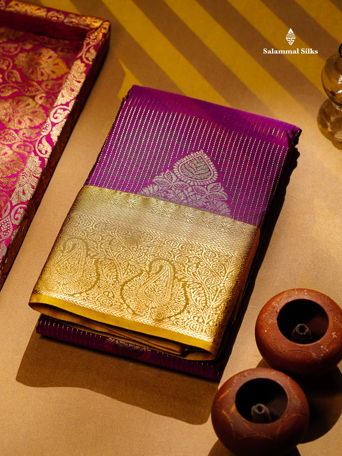 Beautiful Pink Zari Lines With Butta Semi Silk Saree With Contrast Mustard Yellow Traditional Border