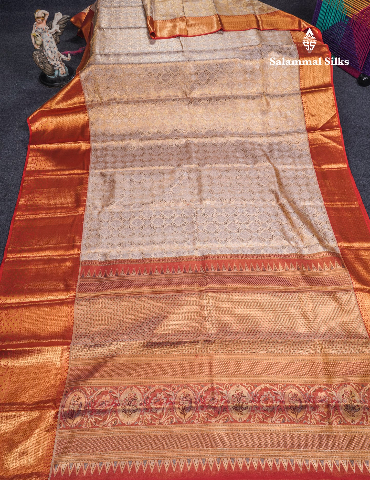 Beautiful Gold Grand Tissue Bridal Pure Kanjivaram Silk Saree With Maroon Evening Morning Border