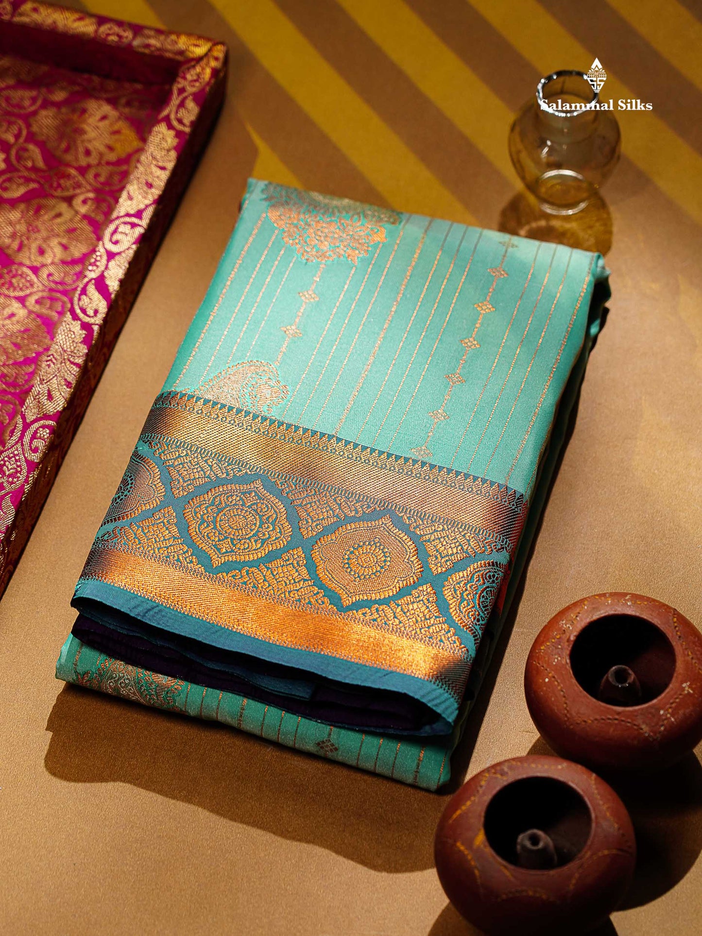 Beautiful Dual Tone Onion Pink Vertical Zari Line With Butta Semi Silk Saree With Contrast Light Blue Blouse