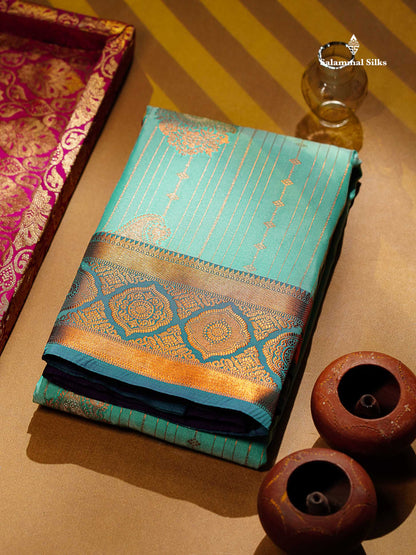 Beautiful Dual Tone Onion Pink Vertical Zari Line With Butta Semi Silk Saree With Contrast Light Blue Blouse