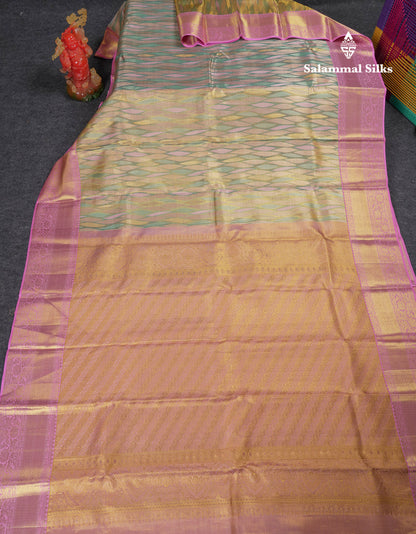 Beautiful Multicolor Tissue Pure Kanjivaram Silk Saree with Contrast Baby Pink Traditional Border