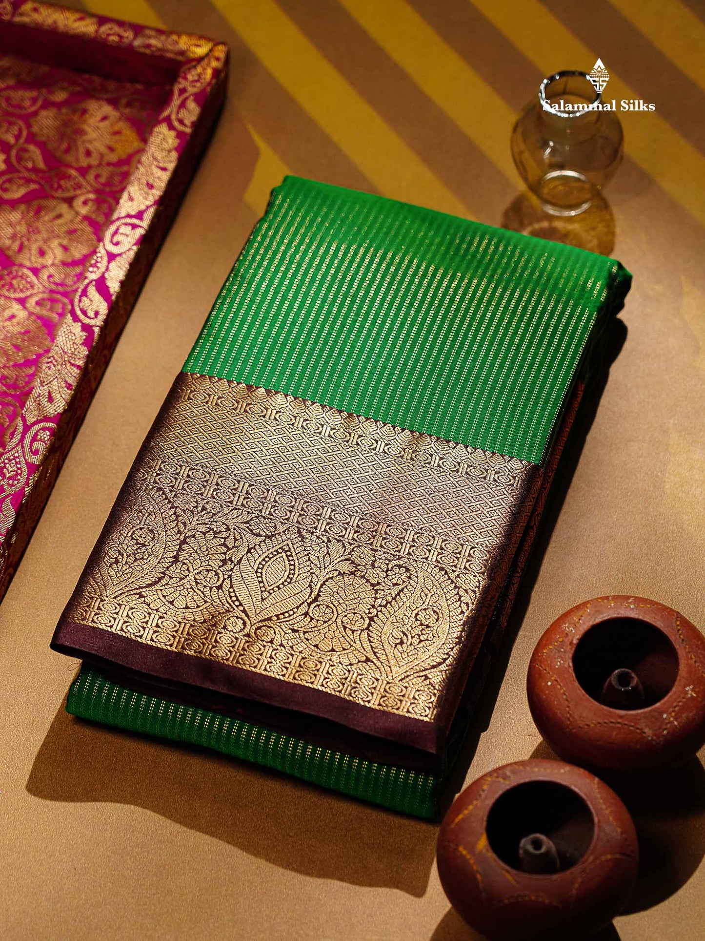 Beautiful Bottle Green Zari Lines Semi Silk Saree With Contrast Dark Brown Traditional Border