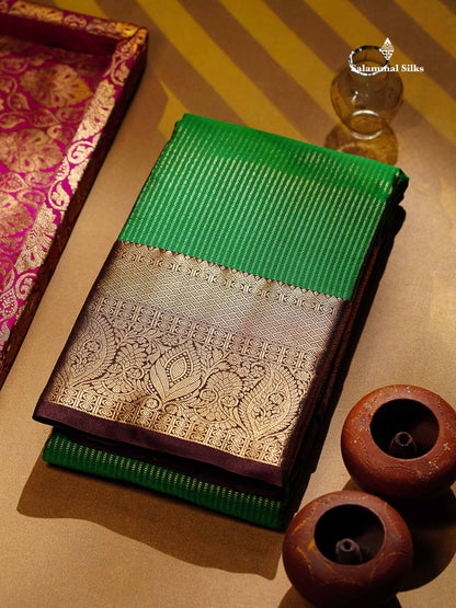Beautiful Bottle Green Zari Lines Semi Silk Saree With Contrast Dark Brown Traditional Border