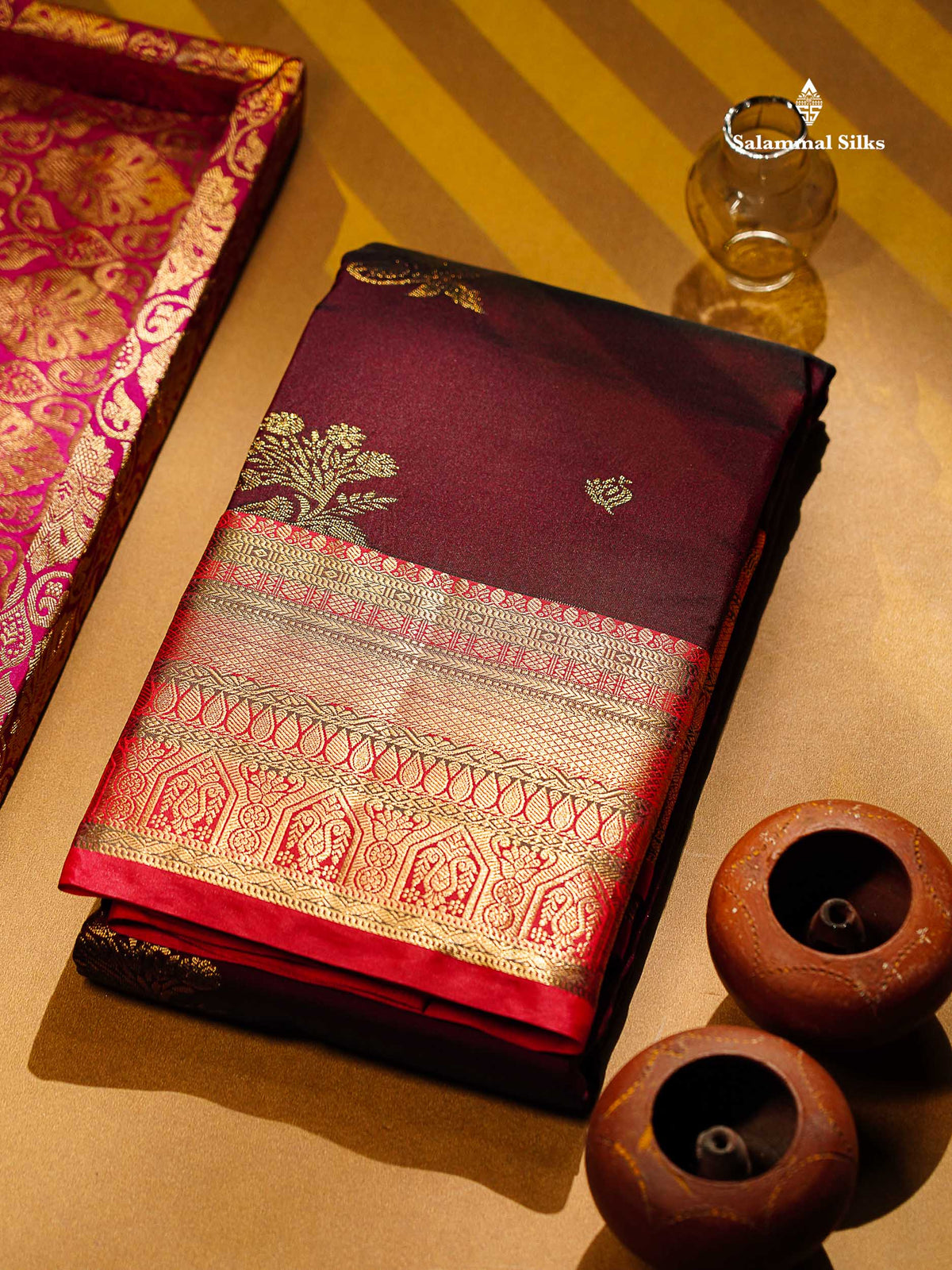 Beautiful Dark Maroon Zari Butta Semi Silk Saree With Contrast Chilli Red Traditional  Border