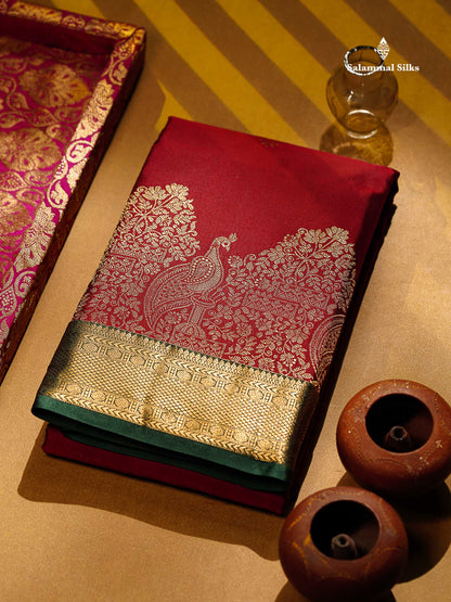 Beautiful Maroon Zari Butta Semi Silk Saree With Contrast Bottle Green Small Traditional & Fancy Border