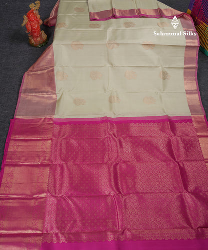 Beautiful Half White Pure Kanjivaram Pure Silk Saree With Contrast Light Pink Traditional Evening Morning Border