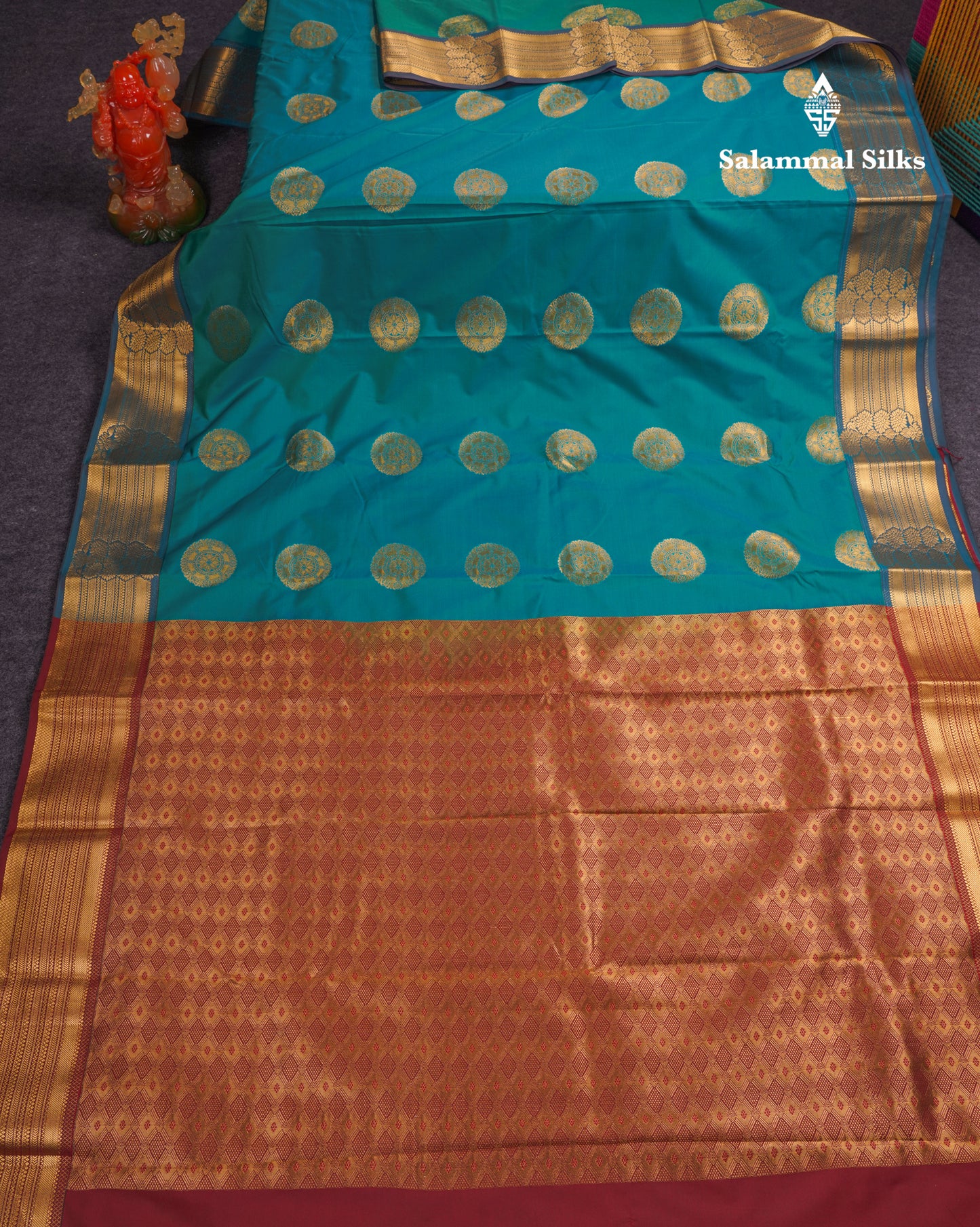 Beautiful Rust Orange Traditional Buttas Semi Silk Saree With Dark Maroon Border