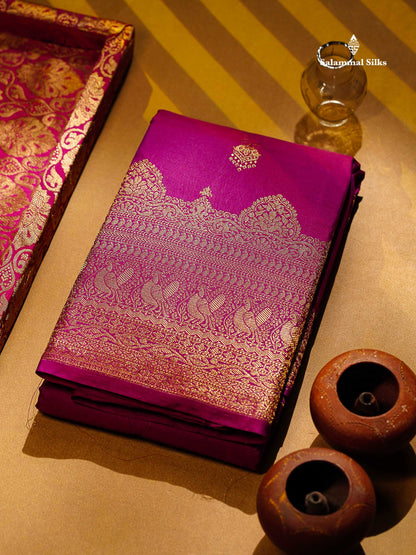 Beautiful Dual Tone Magenta Iruthalai Pakshi Zari Butta Semi Silk Saree With Traditional Turning Border