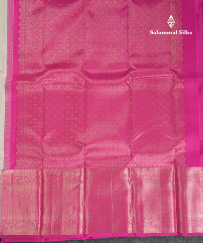 Beautiful Half White Pure Kanjivaram Pure Silk Saree With Contrast Light Pink Traditional Evening Morning Border