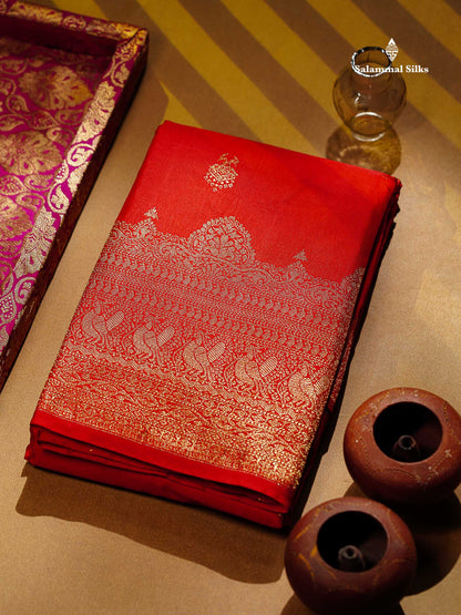 Beautiful Dual Tone Magenta Iruthalai Pakshi Zari Butta Semi Silk Saree With Traditional Turning Border