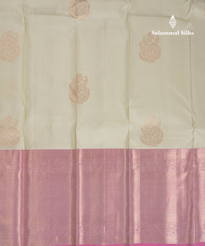 Beautiful Half White Pure Kanjivaram Pure Silk Saree With Contrast Light Pink Traditional Evening Morning Border