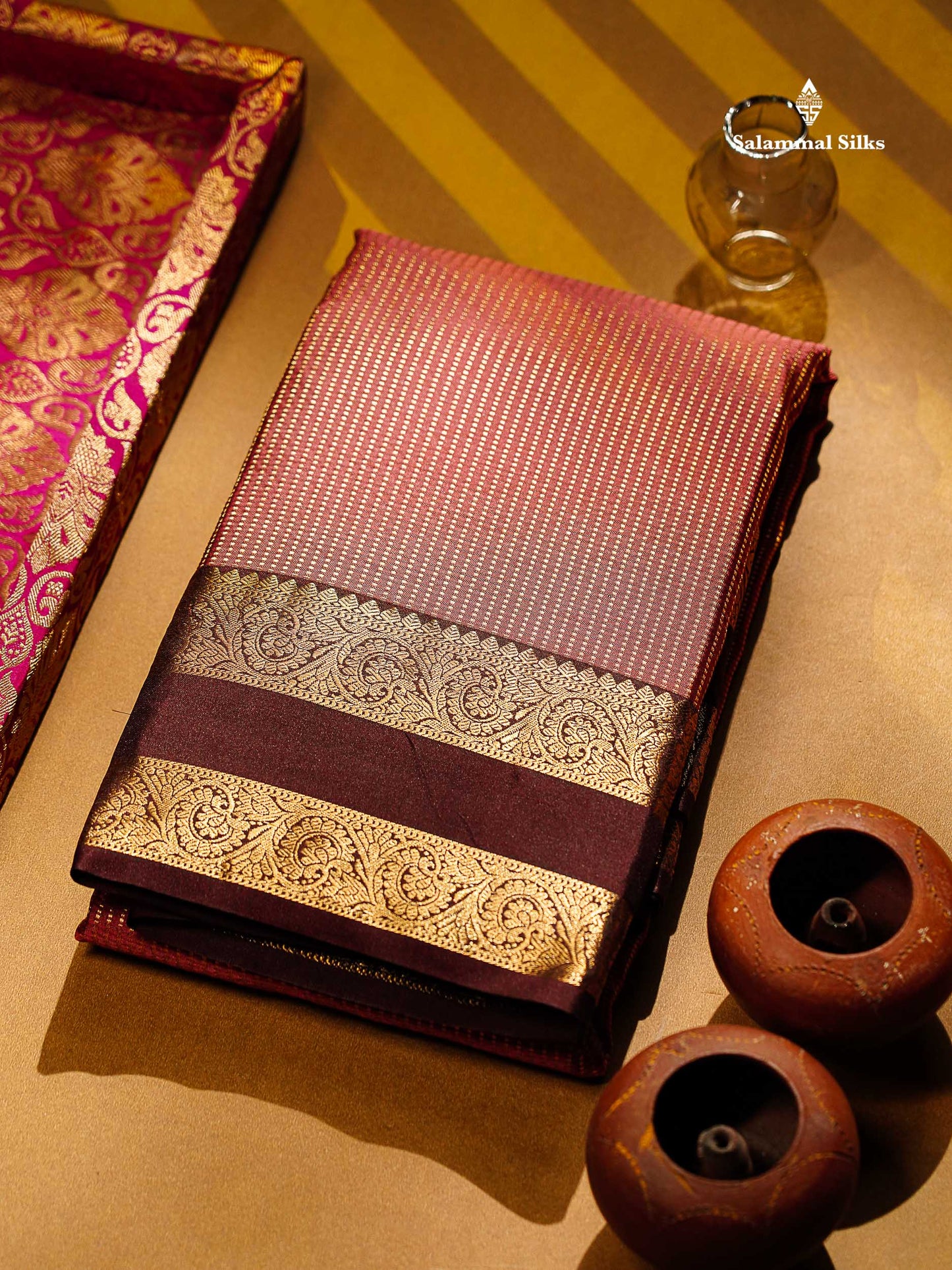 Beautiful Chocolate Zari Lines Semi Silk Saree With Contrast Dark Brown Traditional Gap Border