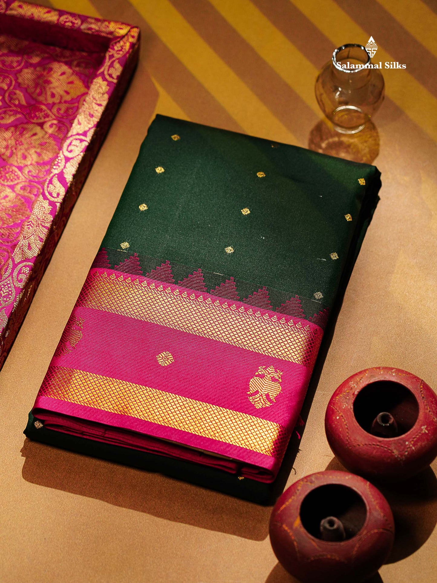 Beautiful Bottle Green Small Zari Buttas Semi Silk Saree With Contrast Pink Traditional Iruthalai Pakshi Gap Border