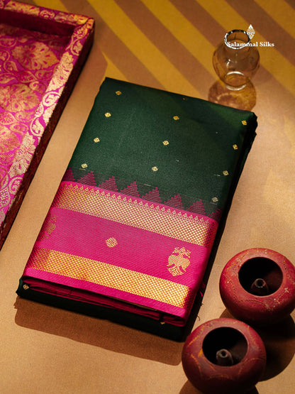 Beautiful Bottle Green Small Zari Buttas Semi Silk Saree With Contrast Pink Traditional Iruthalai Pakshi Gap Border