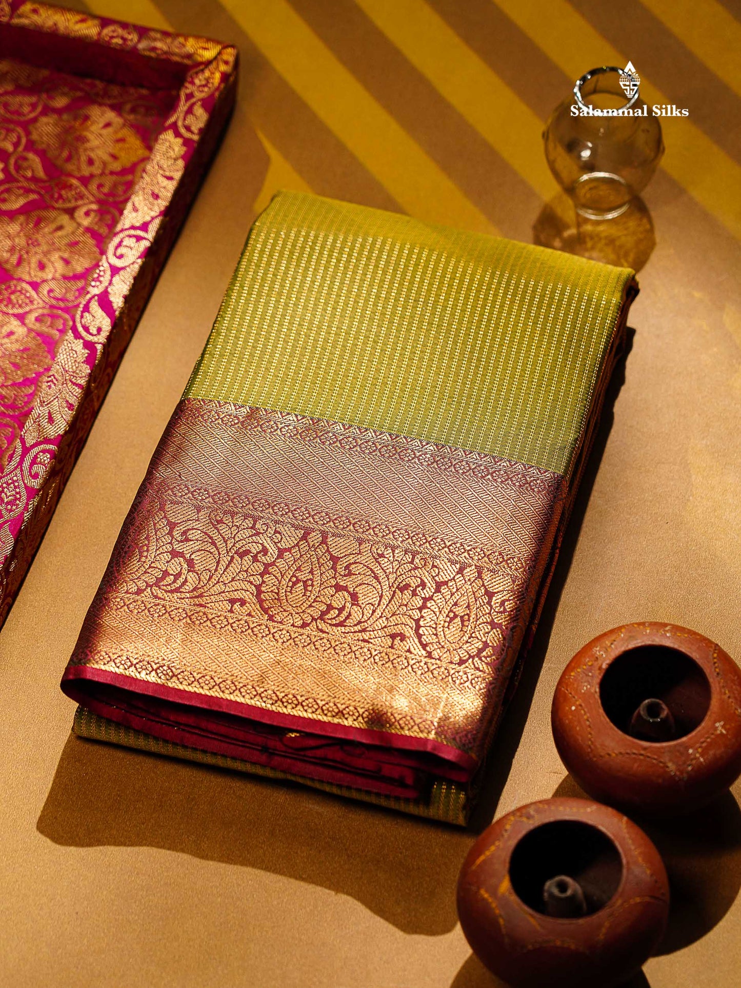 Beautiful Snuff Brown Zari Lines Semi Silk Saree With Contrast Maroon Evening Morning Border