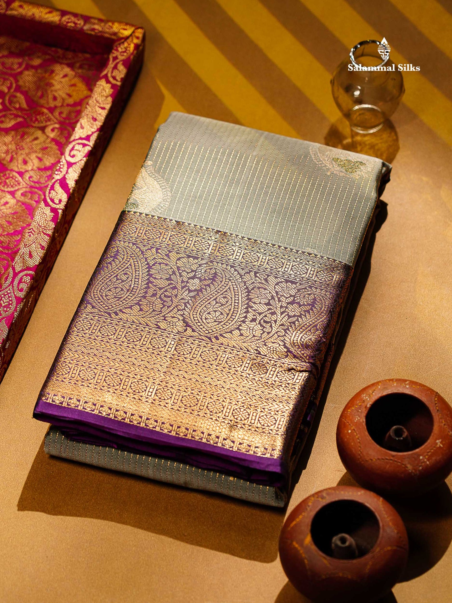 Beautiful Light Elaichi Green Zari Lines With Butta Semi Silk Saree With Contrast Magenta Traditional Evening Morning Border