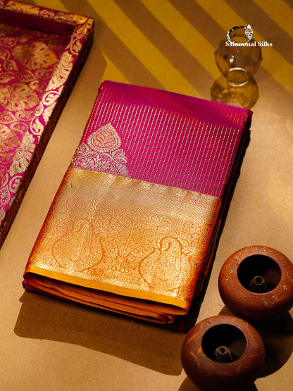 Beautiful Pink Zari Lines With Butta Semi Silk Saree With Contrast Mustard Yellow Traditional Border