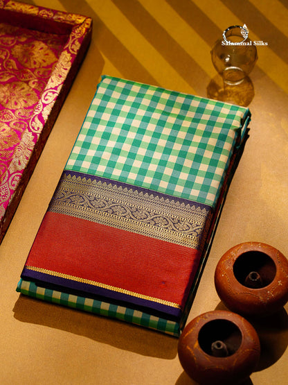 Beautiful Multicolour Small Checks Semi Silk Saree With Contrast Dark Purple Traditional Border