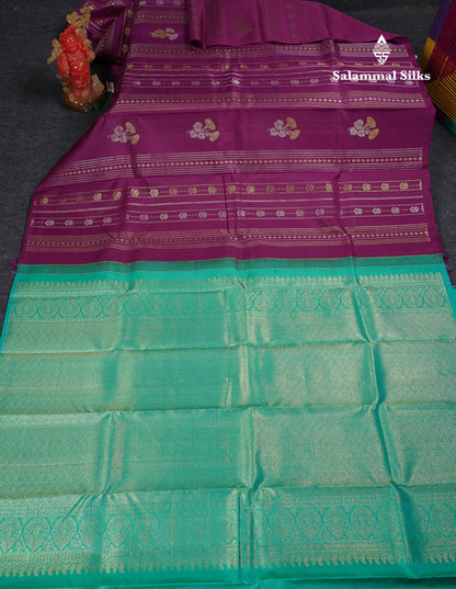 Beautiful Magenta Fancy Pure Kanjivaram Silk Saree With Contrast Sapphire Green Blouse