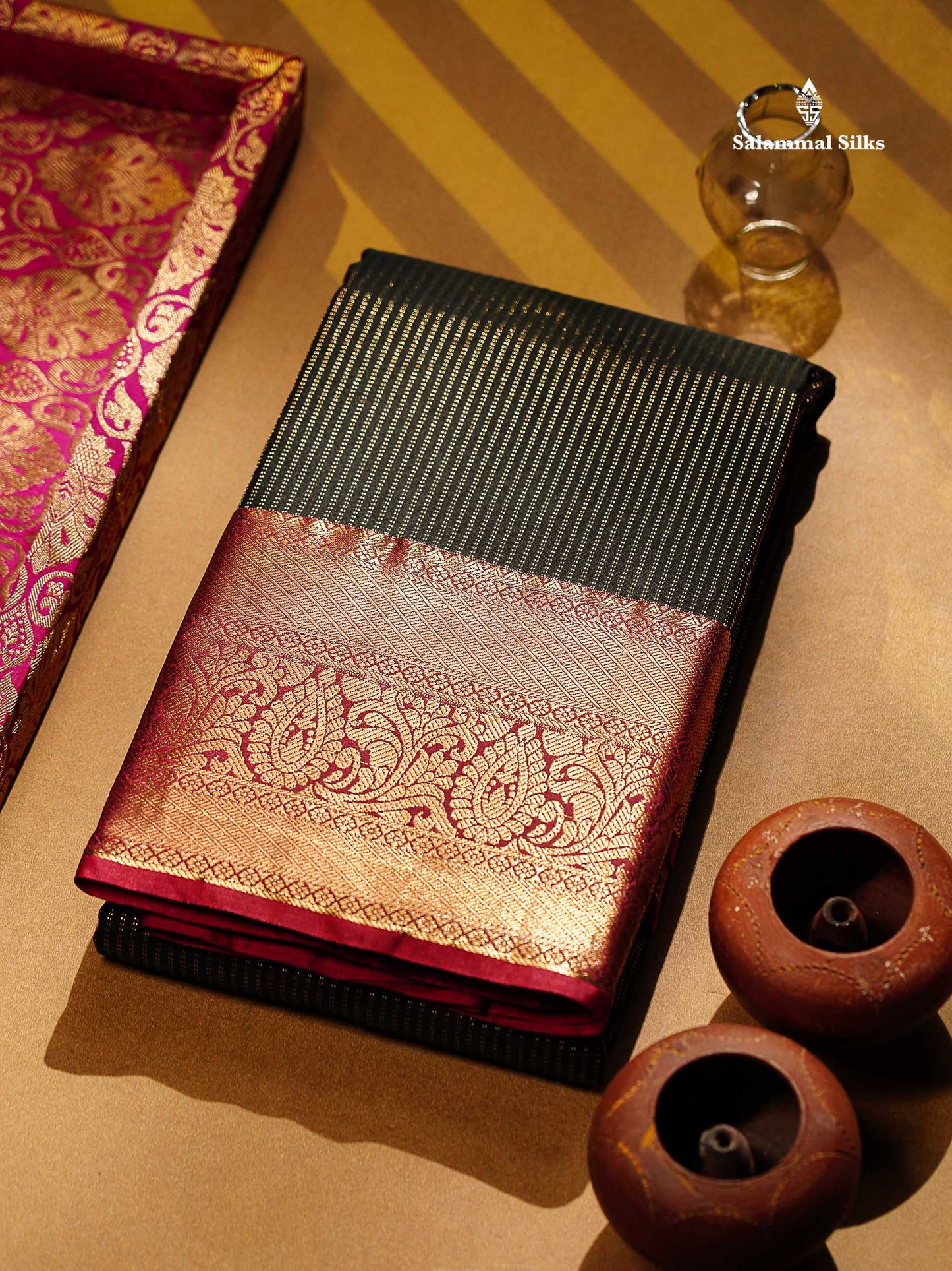 Beautiful Snuff Brown Zari Lines Semi Silk Saree With Contrast Maroon Evening Morning Border