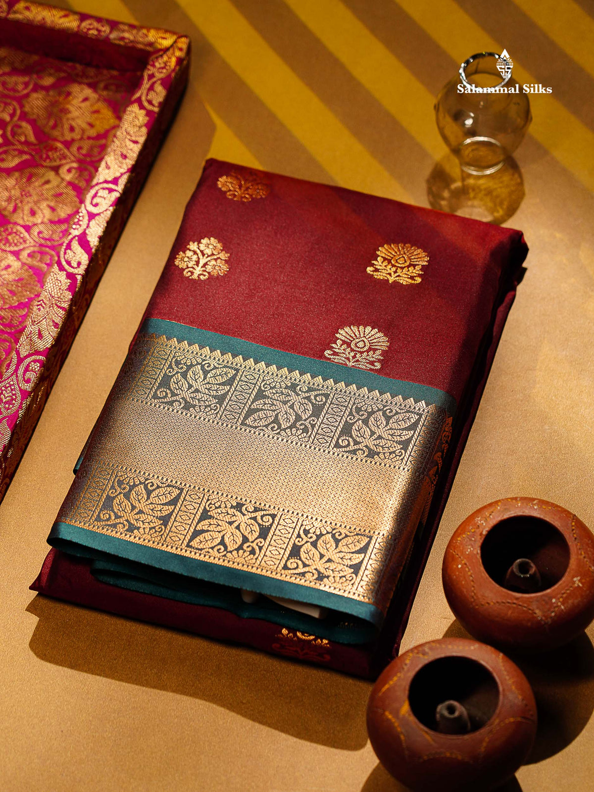 Beautiful Dark Maroon Semi Silk Saree With Contrast Peacock Blue Traditional Evening Morning Border