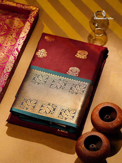 Beautiful Dark Maroon Semi Silk Saree With Contrast Peacock Blue Traditional Evening Morning Border