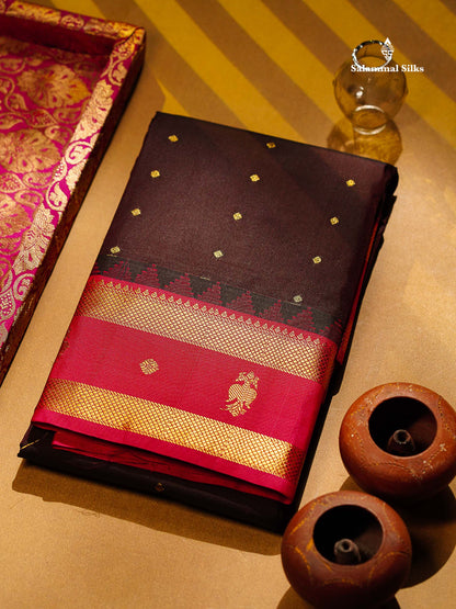 Beautiful Bottle Green Small Zari Buttas Semi Silk Saree With Contrast Pink Traditional Iruthalai Pakshi Gap Border
