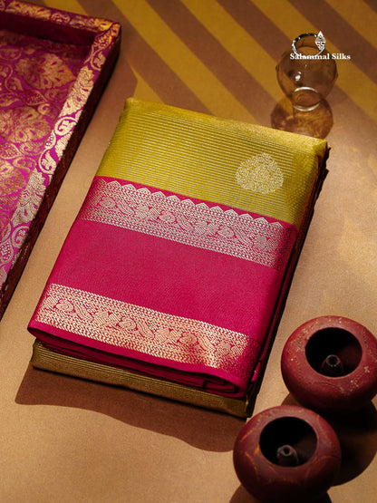 Beautiful Manthulir Yellow Alai Vaira Oosi Lines With Butta Semi Silk Saree With Contrast Pink Traditional Gap Border