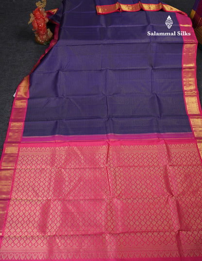Beautiful Koravi Navy Blue Vaira Oosi Checks Pure Kanjivaram Silk Saree With Contrast Pink Traditional Border