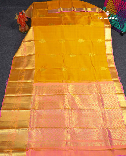 Beautiful Mustard Yellow Pure Kanjivaram Silk Saree with Contrast Peach Pink Traditional Evening Morning Pallakku Border