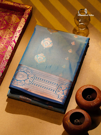 Beautiful Pastel Blue Zari Butta Semi Silk Saree With Contrast Dual Tone Navy Blue Blouse