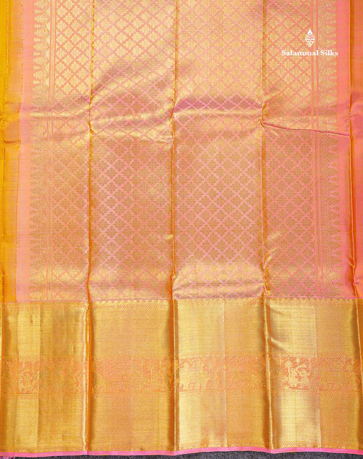 Beautiful Mustard Yellow Pure Kanjivaram Silk Saree with Contrast Peach Pink Traditional Evening Morning Pallakku Border