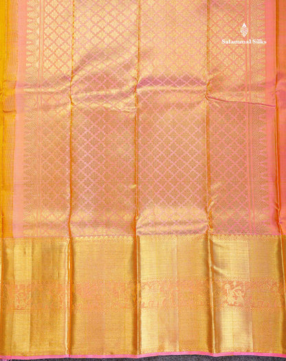Beautiful Mustard Yellow Pure Kanjivaram Silk Saree with Contrast Peach Pink Traditional Evening Morning Pallakku Border